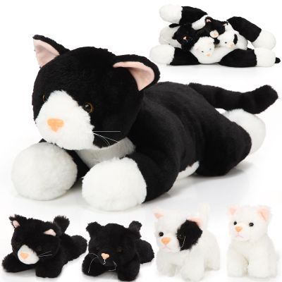Skylety 5 Pieces Cat Stuffed Animal with Babies Inside Belly Plush Cat Pregnant Mommy Kitty with 4 Cute Fluffy Stuffed Kittens Christmas Birthday Surprise Gifts(Black, White)