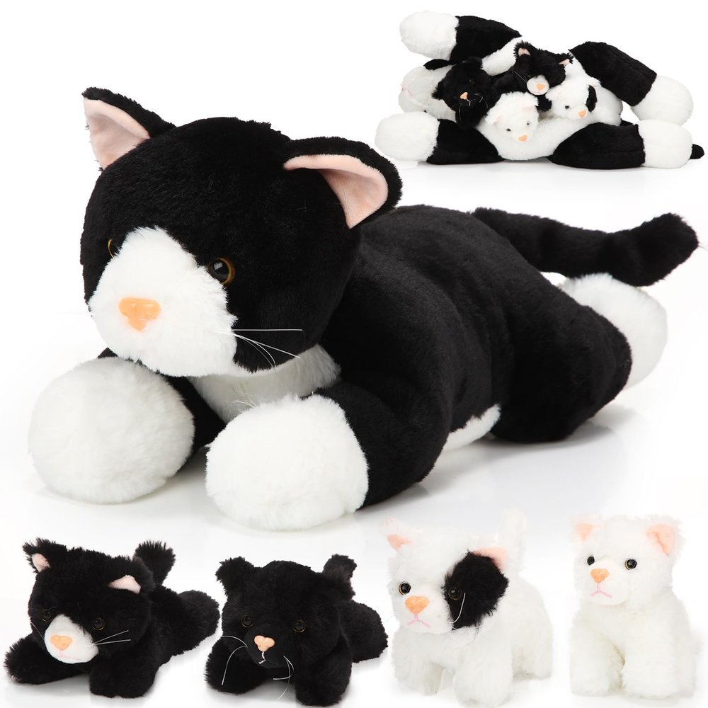 Skylety 5 Pieces Cat Stuffed Animal with Babies Inside Belly Plush Cat Pregnant Mommy Kitty with 4 Cute Fluffy Stuffed Kittens Christmas Birthday Surprise Gifts(Black, White)
