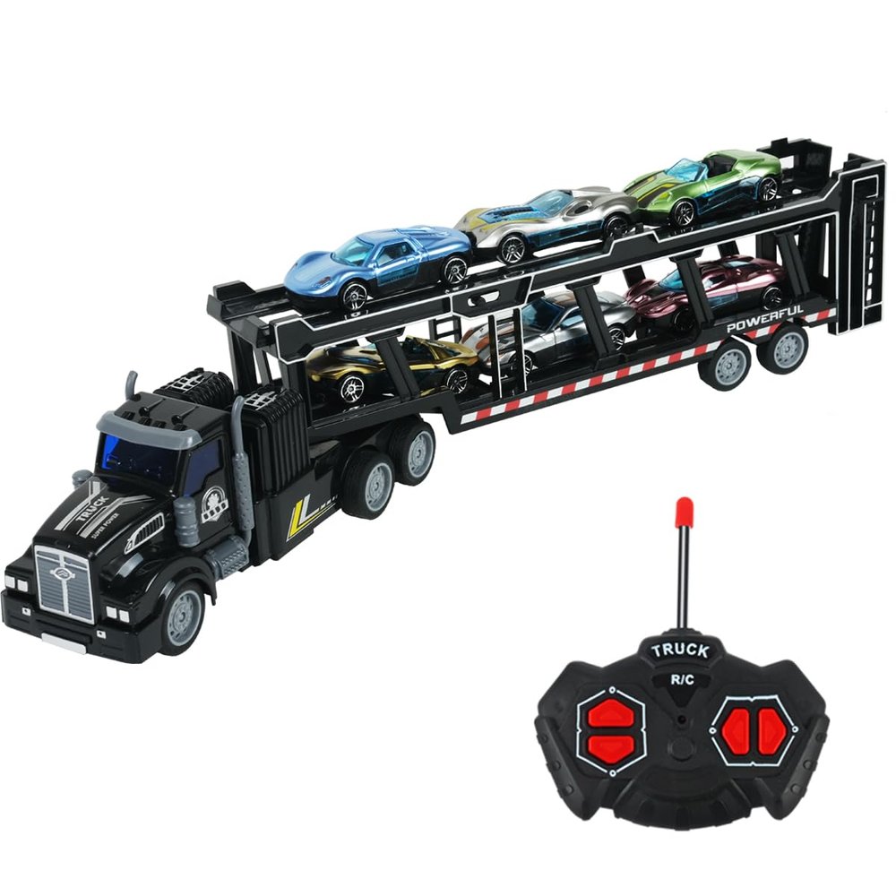 CALEST Remote Control Car Transporter Truck Includes 6 Cars, 14" 1:48 Car Transporter Semi Truck Toy, Equipped with 2 Rechargeable Batteries, Gifts Ideas for Boys Age 3-8 Year Old