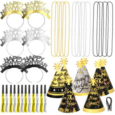 HOWAF 2026 New Year Eve Party Supplies 2026 NYE Decorations Kit - Include Happy New Year Headband Cone Hats Party Blowouts Black Gold Silver NYE Party Favors New Years Eve Accessories Kit, 38 Pieces