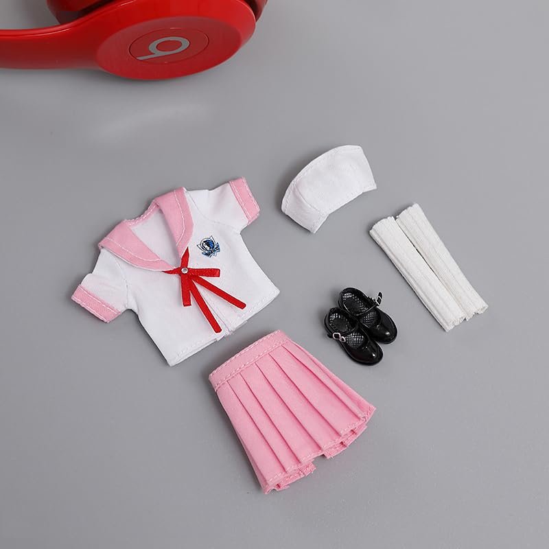1/12 Scale Female Clothes,Female Student Clothes Set Sailor Suit Tops Pleated Skirt Shoes Costume Outfit Cloting for 6inch PH TBL Action Figure Body (Pink-Short Version)