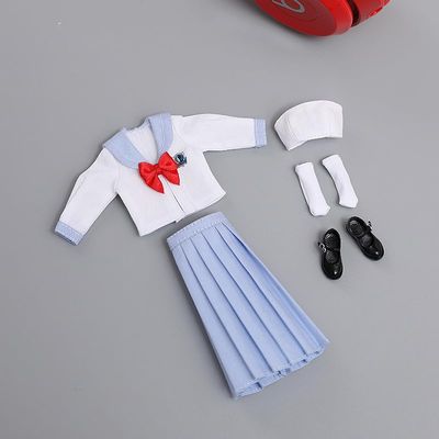 1/12 Scale Female Clothes,Female Student Clothes Set Sailor Suit Tops Pleated Skirt Shoes Costume Outfit Cloting for 6inch PH TBL Action Figure Body (Light Blue-Long Version)