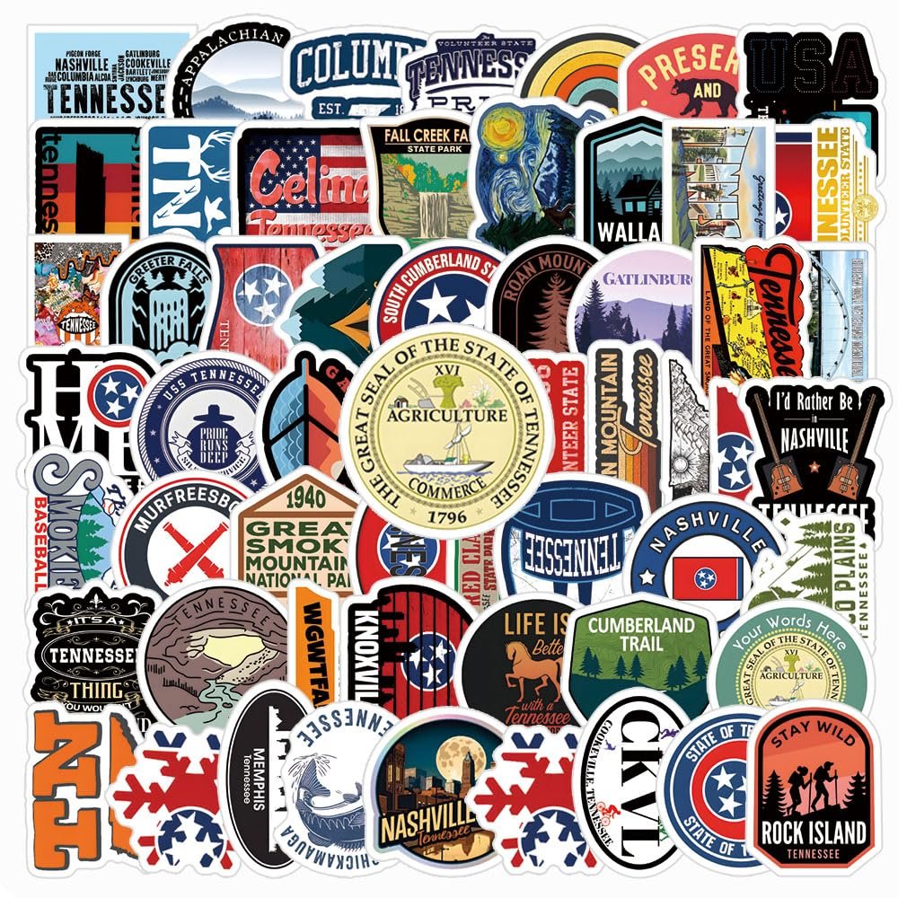 62Pcs Tennessee Sticker Kawaii Travel Waterproof Pack | Vsco City Cool Deacls Graffiti Stickers Vinyl for Water Bottle Skateboard Luggage Laptop Computer Phone