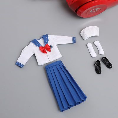 1/12 Scale Female Clothes,Female Student Clothes Set Sailor Suit Tops Pleated Skirt Shoes Costume Outfit Cloting for 6inch PH TBL Action Figure Body (Blue-Long Version)