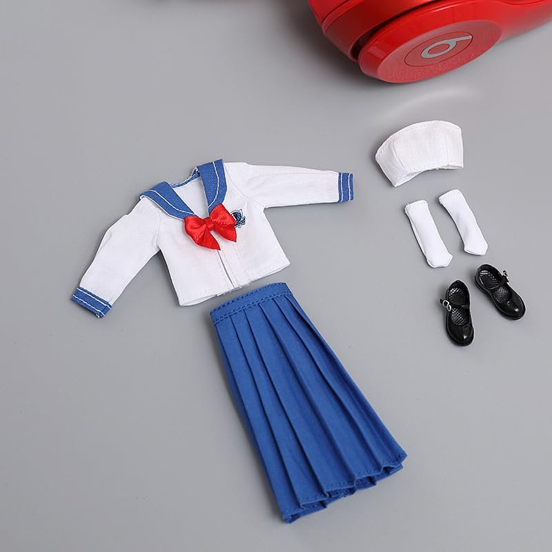 1/12 Scale Female Clothes,Female Student Clothes Set Sailor Suit Tops Pleated Skirt Shoes Costume Outfit Cloting for 6inch PH TBL Action Figure Body (Blue-Long Version)