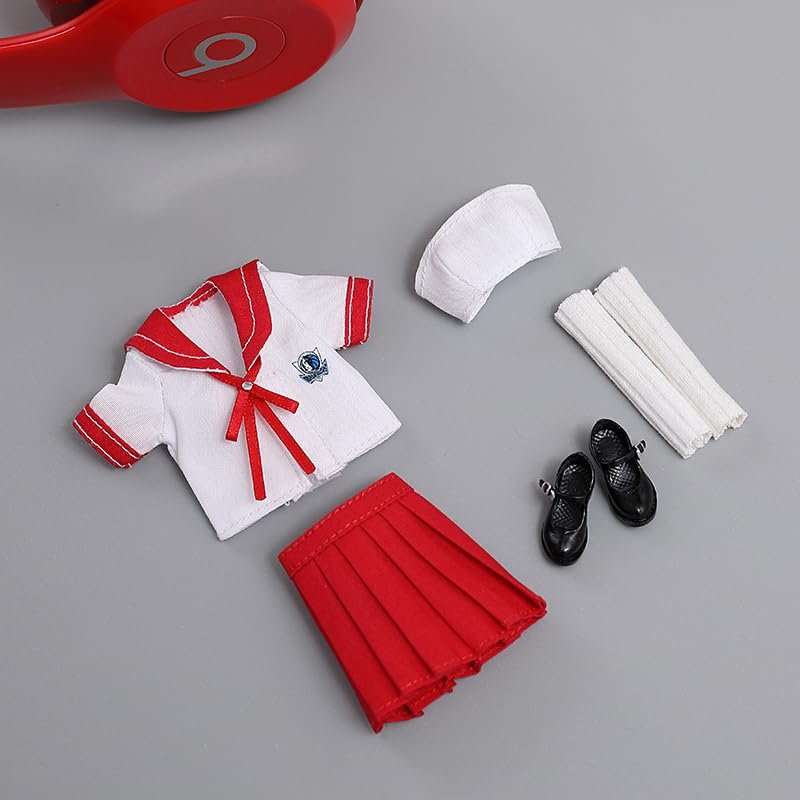 1/12 Scale Female Clothes,Female Student Clothes Set Sailor Suit Tops Pleated Skirt Shoes Costume Outfit Cloting for 6inch PH TBL Action Figure Body (Red-Short Version)