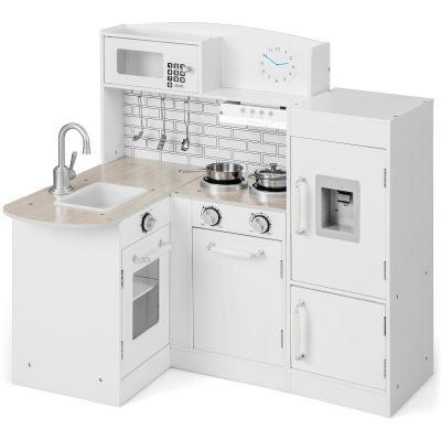 Costzon Corner Kids Kitchen Playset, 8-in-1 Wooden Toy Kitchen Set with Realistic Microwave, Oven, Stove, Refrigerator, Range Hood, Pretend Play Kitchen for Toddlers Boys Girls