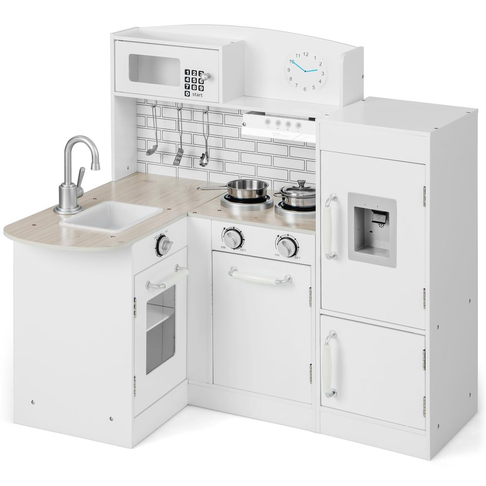 Costzon Corner Kids Kitchen Playset, 8-in-1 Wooden Toy Kitchen Set with Realistic Microwave, Oven, Stove, Refrigerator, Range Hood, Pretend Play Kitchen for Toddlers Boys Girls