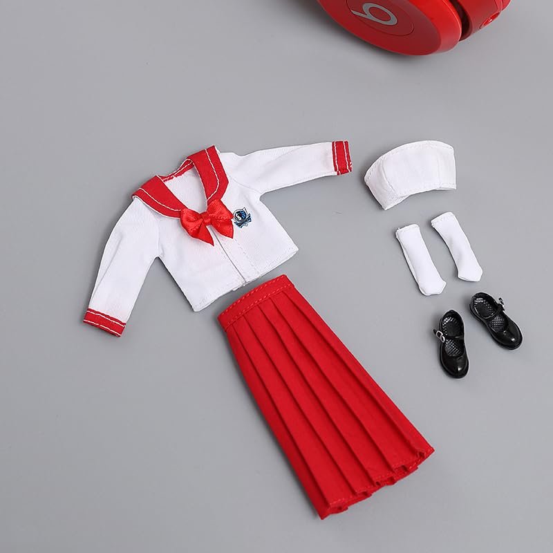 1/12 Scale Female Clothes,Female Student Clothes Set Sailor Suit Tops Pleated Skirt Shoes Costume Outfit Cloting for 6inch PH TBL Action Figure Body (Red-Long Version)