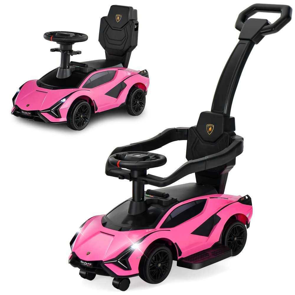 OLAKIDS 3 in 1 Ride on Push Car, Licensed Lamborghini SIAN Baby Sliding with Parent Control Handle Universal Wheels Guardrails, Toddlers Walking Toy with Music, Under Seat Storage (Roseate)