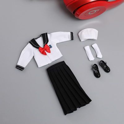 1/12 Scale Female Clothes,Female Student Clothes Set Sailor Suit Tops Pleated Skirt Shoes Costume Outfit Cloting for 6inch PH TBL Action Figure Body (Black-Long Version)