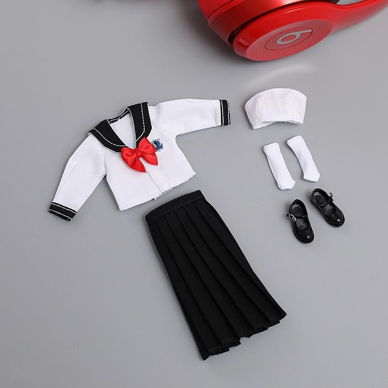 1/12 Scale Female Clothes,Female Student Clothes Set Sailor Suit Tops Pleated Skirt Shoes Costume Outfit Cloting for 6inch PH TBL Action Figure Body (Black-Long Version)