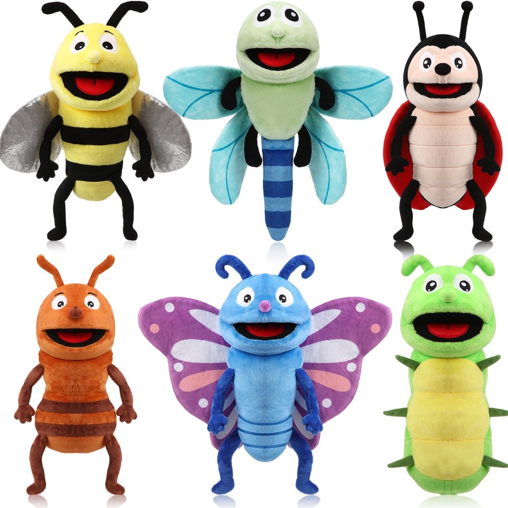 Lenwen 6 Pcs Animal Hand Puppets Bulk with Working Mouth 10 Inches Plush Puppets for Valentine's Day Toddlers Kids Storytelling Imaginative Role Play Show Birthday Party Gifts(Insect)