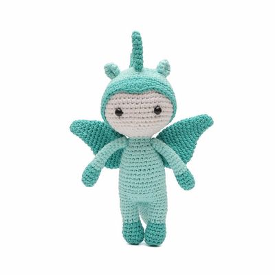 Boy in Flying Dinosaur Outfit Handmade Amigurumi Stuffed Knit Crochet Doll VAC