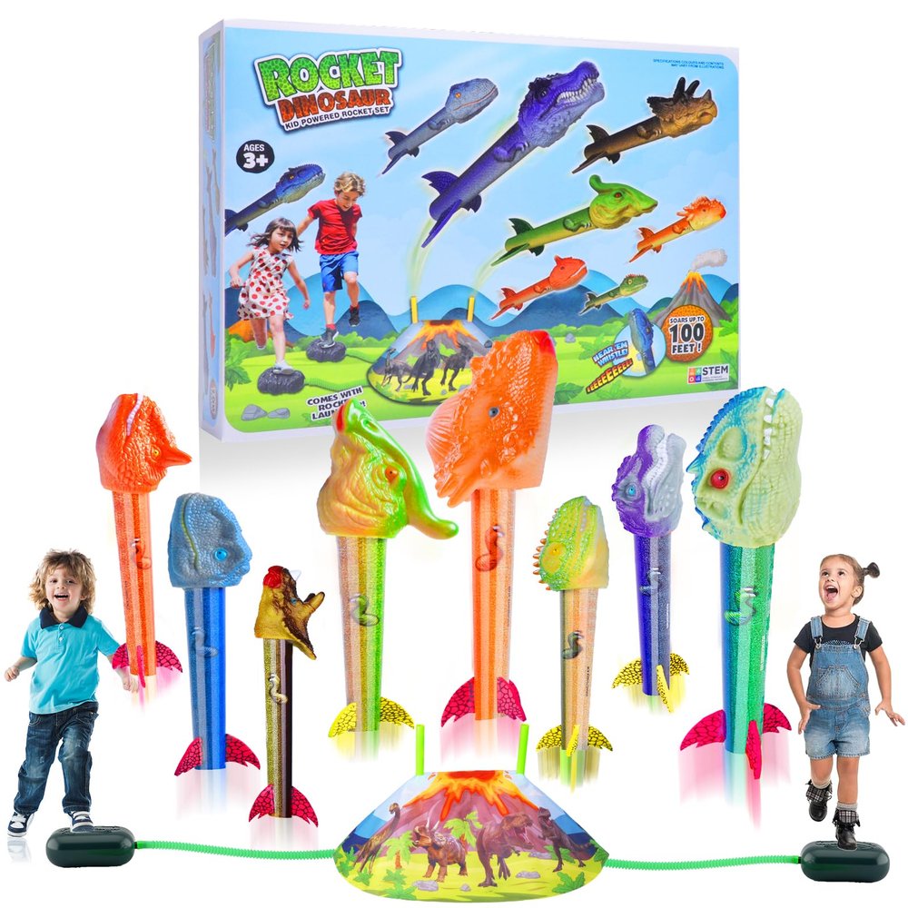 Gizzjoy Dinosaur Rocket Launcher for Kids - Launch Up to 100 Ft, 8 Rockets and 2 Pads for Multi-Player, Dinosaur Toys, Birthday Gift Ideas, for 3 4 5 6 7 Year Old Boys, Outdoor Outside