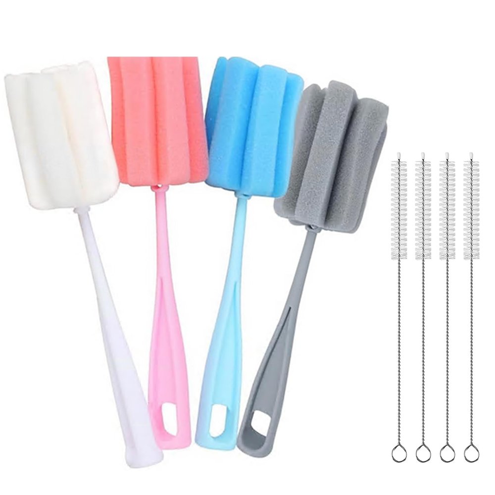 8PCS Bottle Brush Sponge Cup Brush with Straw Brushes Long Handle Cleaner Brush for Baby Bottle Glasswares Mugs Cups Kitchen Clean (4 Bottle Brushes + 4 Straw Brushes)