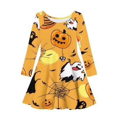 Funny Bats Halloween Pumpkin Ghost Twirly Dress for Girls 4 Years Old Novelty Holiday Party Halloween Costumes Girls Flowy Swing Loose Fit Flared Orange A Line Skater Dress Kids Playwear Fall Outfits