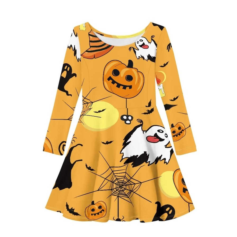 Funny Bats Halloween Pumpkin Ghost Twirly Dress for Girls 4 Years Old Novelty Holiday Party Halloween Costumes Girls Flowy Swing Loose Fit Flared Orange A Line Skater Dress Kids Playwear Fall Outfits
