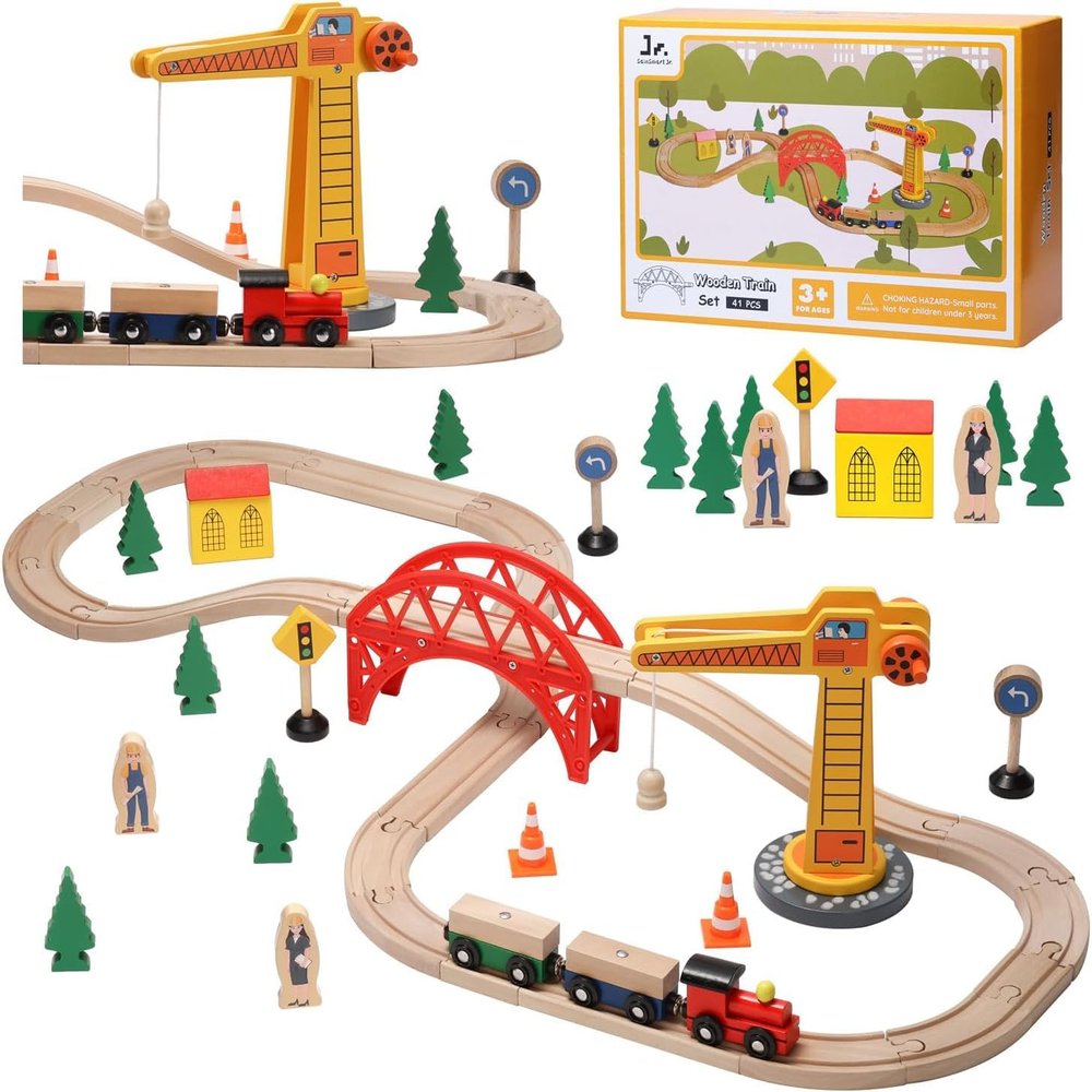 SainSmart Jr. Wooden Train Set for Toddler, 41pcs Wood Train Track w/Crane Fits Brio, Thomas, Melissa and Doug, Kids Wood Toy Train for Kids Ages 3+