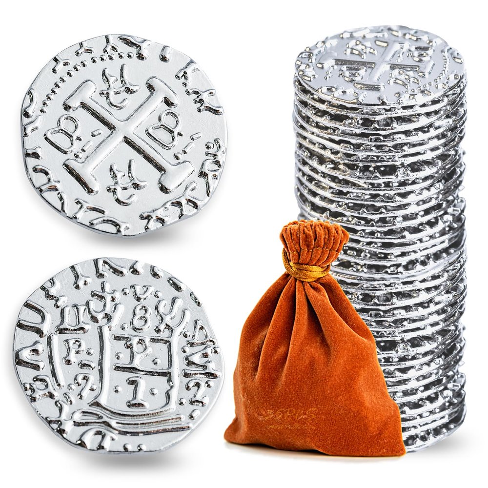 Metal Pirate Coins, Prefdo 35PCS Silver Treasure Coin Set Spanish Doubloon Replicas Fantasy Metal Coins Pirate Gold Coins for Board Games Tokens Pirate Party Cosplay, 1.18in