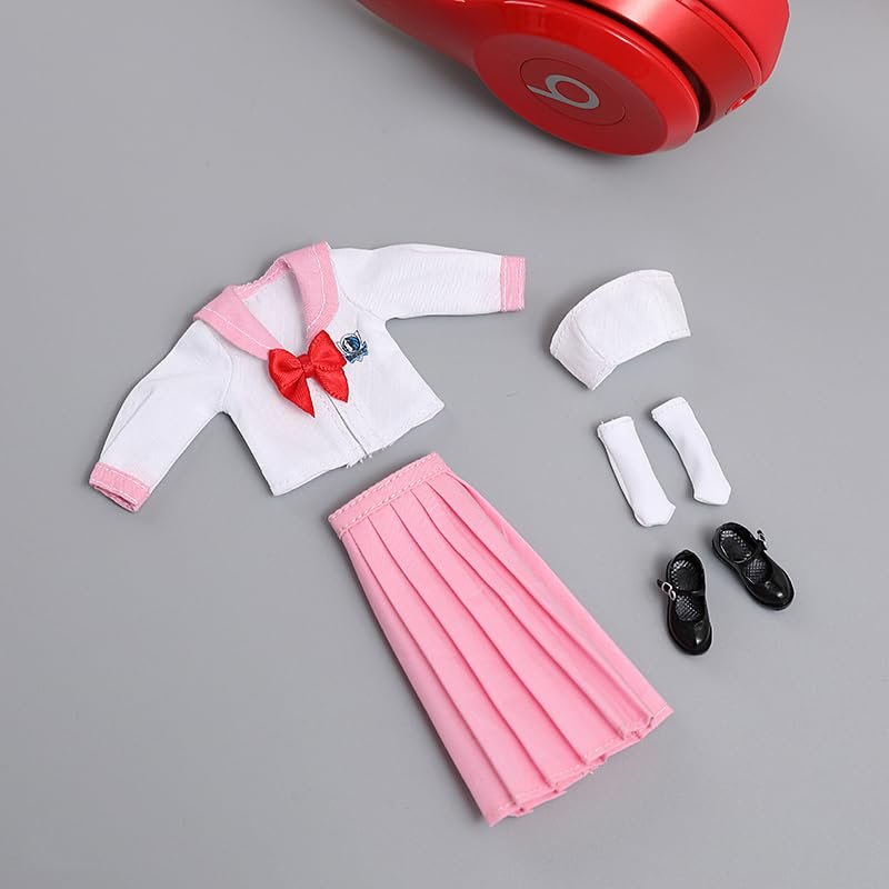 1/12 Scale Female Clothes,Female Student Clothes Set Sailor Suit Tops Pleated Skirt Shoes Costume Outfit Cloting for 6inch PH TBL Action Figure Body (Pink-Long Version)