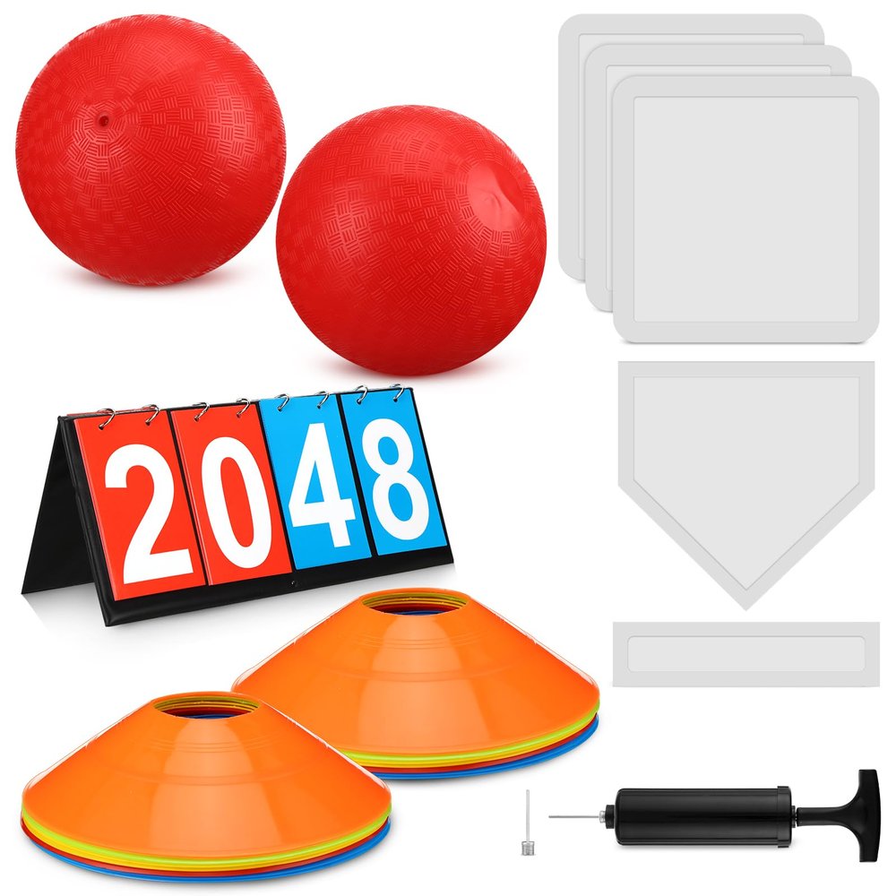 Poen 19 Pcs Sports Kickball Set Including 2 Pcs 10 Inch Playground Ball with Air Pump 5 Rubber Bases 10 Foul Marker Discs and a Flip Scoreboard for Adults Outdoor Backyard Game
