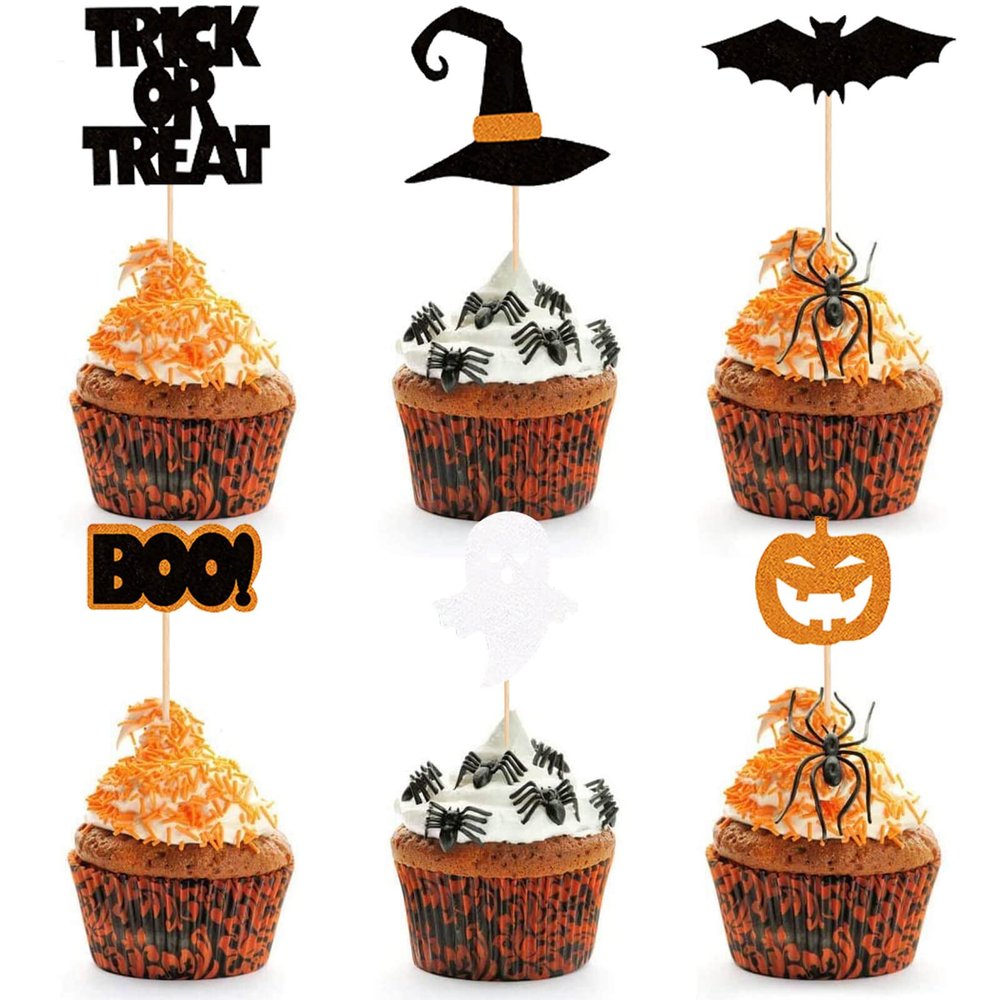 UXYOKM 24Pcs Halloween Cupcake Toppers Pumpkin Witch Hat Ghost Bats Boo Trick or Treat Cupcake Picks Baby Shower Birthday Halloween Themed Party Cake Decorations Supplies