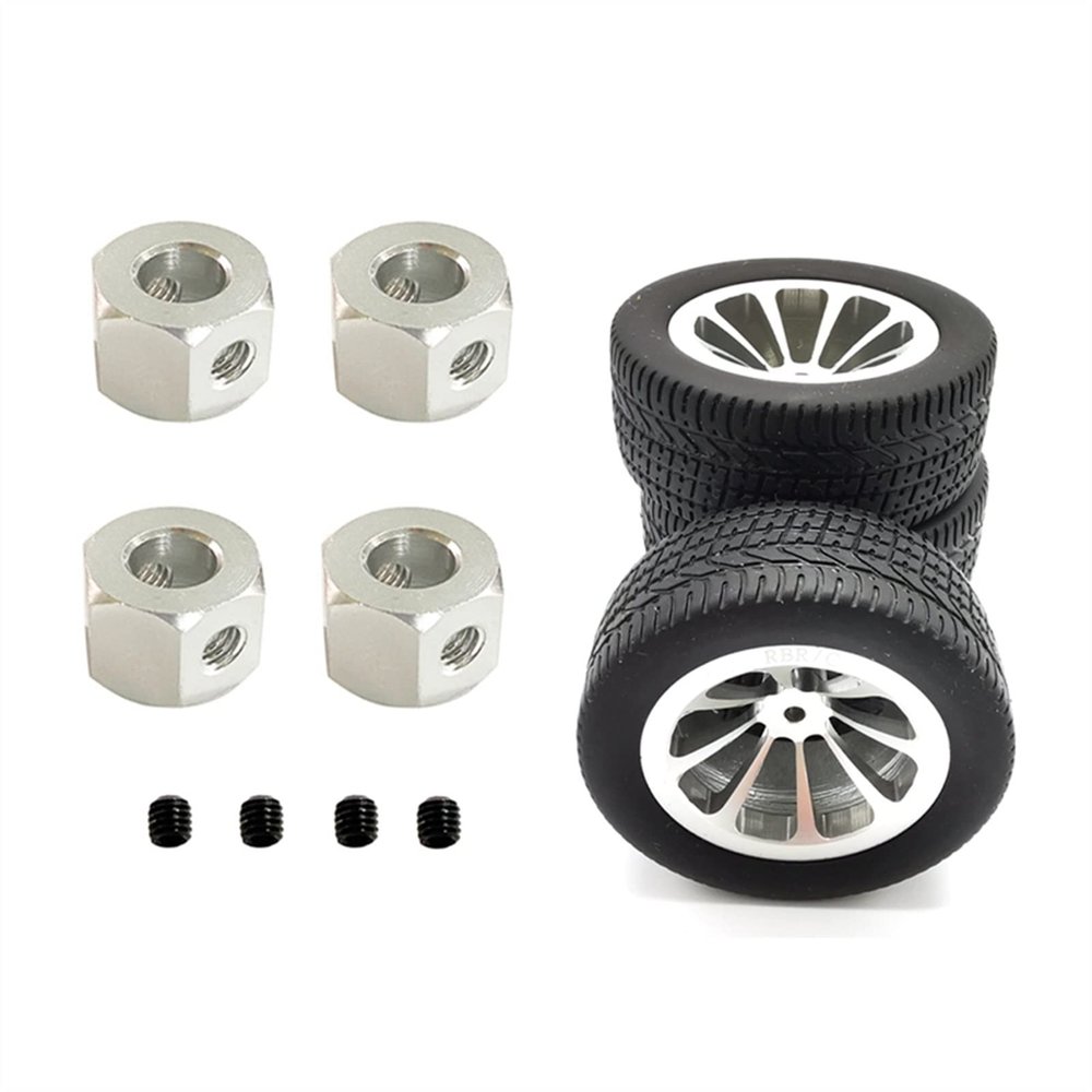 2 Set RC Car Part: 1 Set RC Car Metal Wheel Rim Modified Tire & 1 Set 5Mm to 12Mm Metal Combiner Wheel Hub Hex Adapter Modification Accessories