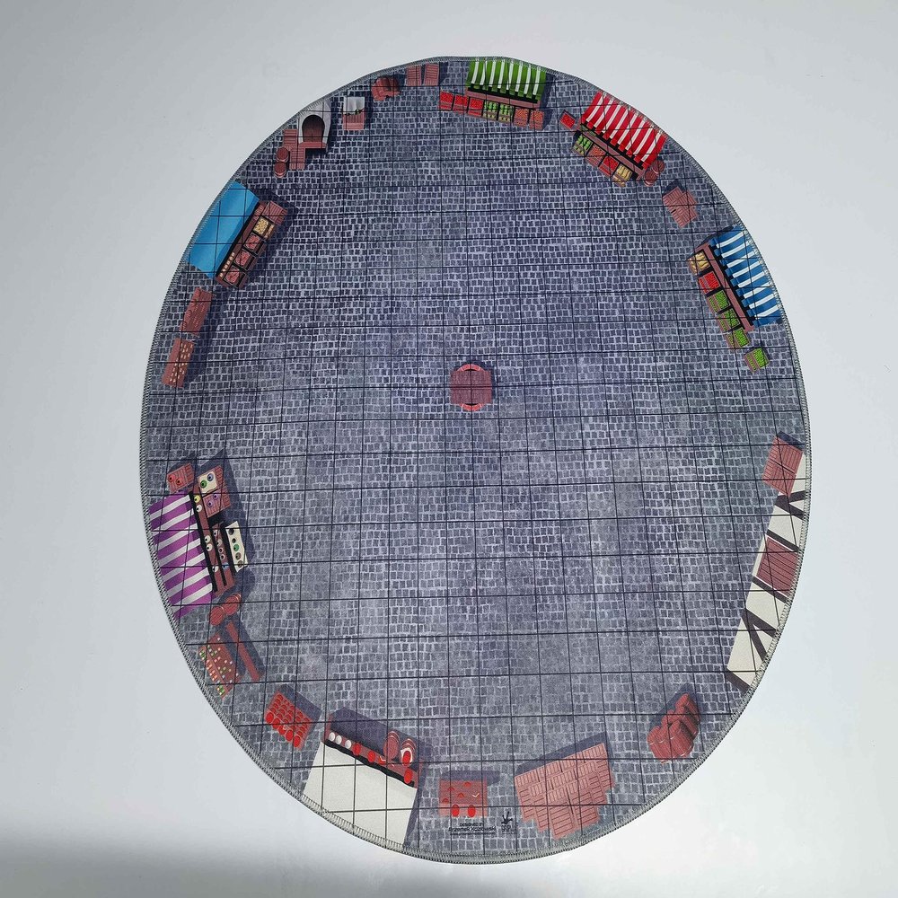 24" Diameter Marketplace Playmat with 1" Grid Stitched Edging, Double-Sided with Universal Dungeon Terrain