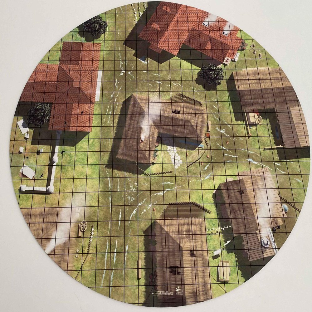 24" Diameter Village Playmat with 1" Grid Stitched Edging, Double-Sided with Universal Dungeon Terrain