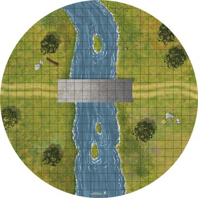 24" Diameter River Crossing Playmat with 1" Grid Stitched Edging, Double-Sided with Universal Dungeon Terrain