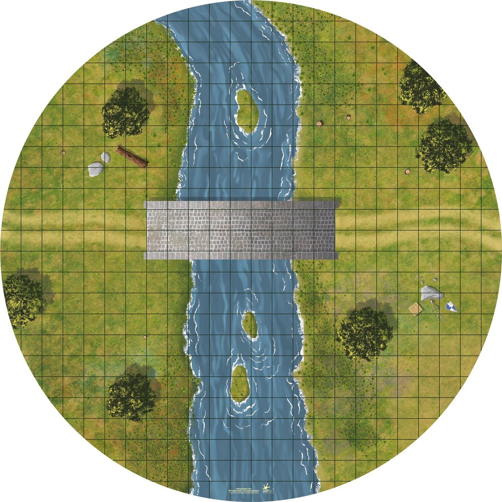 24" Diameter River Crossing Playmat with 1" Grid Stitched Edging, Double-Sided with Universal Dungeon Terrain