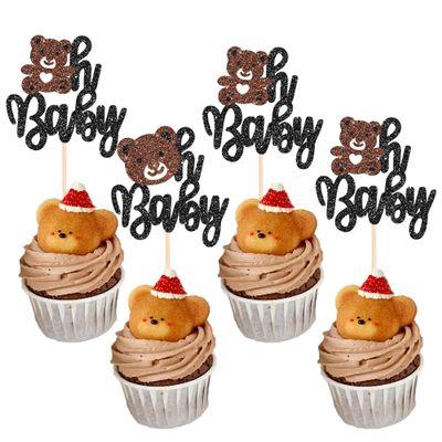 Rsstarxi 24 Pack Bear Oh Baby Cupcake Toppers Glitter Brown Oh Baby Bear Cupcake Picks Baby Shower Cake Decoration for Gender Reveal Boys Girls Birthday Party Decorations