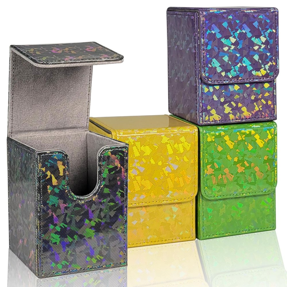 Dmoicols 4 Packs Card Deck Box Holds 400+ Single Sleeved Cards,Laser Sparkly Material Card Storage Box Vertical,4 in1 MTG Commander Deck Box with 2 Dividers fit TCG CCG (Black+Yellow+Cyan+Purple)