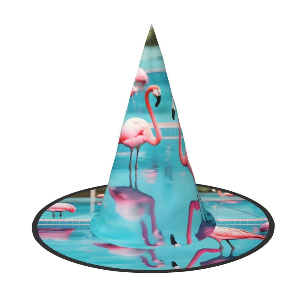 ZISHAK Flamingo And Swimming Pool Trendy Halloween Witch Hat For Women - Ultimate Party Hat For Best Halloween Costume Ensemble