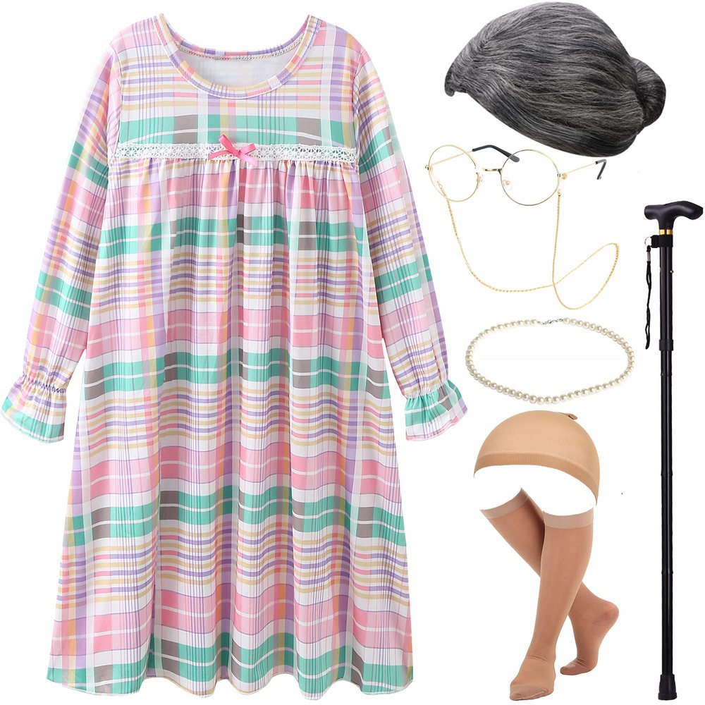 EBYTOP Old Lady Costume for Kids 100th Day of School Costume Wig 100 Year Granny Glasses Grandma Little Old Women Cane Accessories,10-12 Years