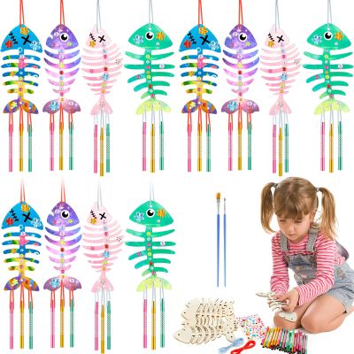 12Pcs Fish Wind Chime Kit, Wind Chime Kit Craft Kits, Wooden Fish Bone Wind Chime Crafts, DIY Fish Bone Hanging Ornaments Decorative, Fish Bone Party Favors for Kids Gift Birthday Party Favors