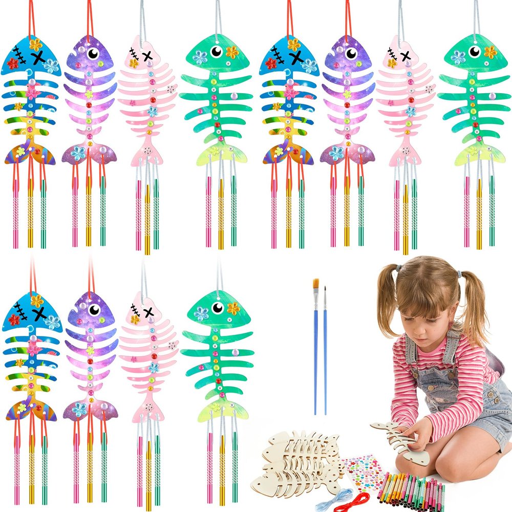 12Pcs Fish Wind Chime Kit, Wind Chime Kit Craft Kits, Wooden Fish Bone Wind Chime Crafts, DIY Fish Bone Hanging Ornaments Decorative, Fish Bone Party Favors for Kids Gift Birthday Party Favors