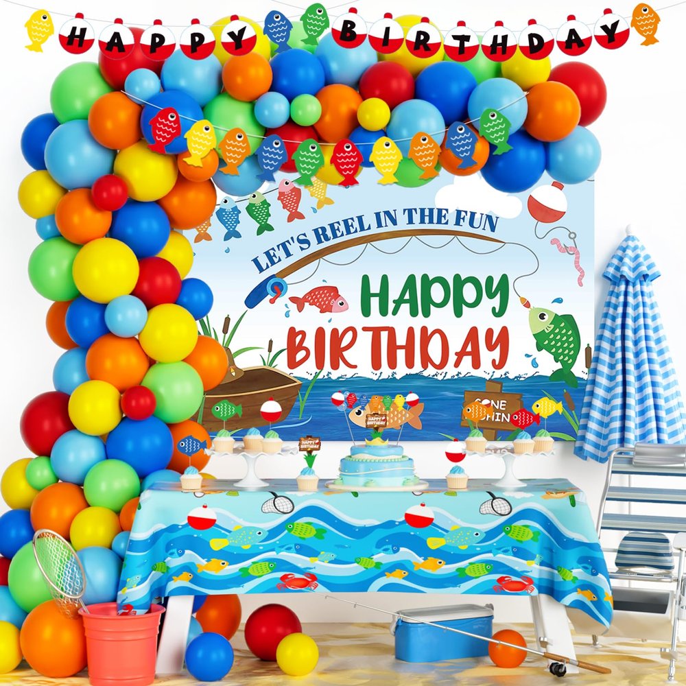 125 PCs Gone Fishing Party Decorations, Hombae Fishing Themed Birthday Decorations Lets Reel in The Fun Backdrop Balloon Garland Happy Birthday Banner Tablecloth Cake Cupcake Toppers