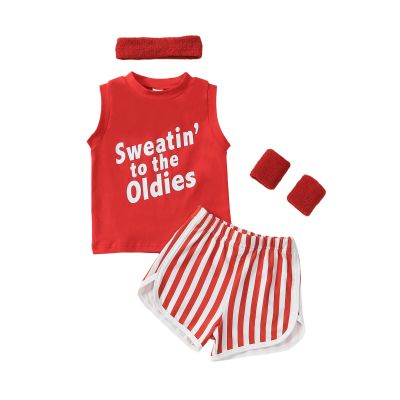 Kuriozud Baby Halloween Outfits Sleeveless Tank Tops with Shorts Headband Wristbands Set Toddler Workout Costume (Red, 3-4 Years)