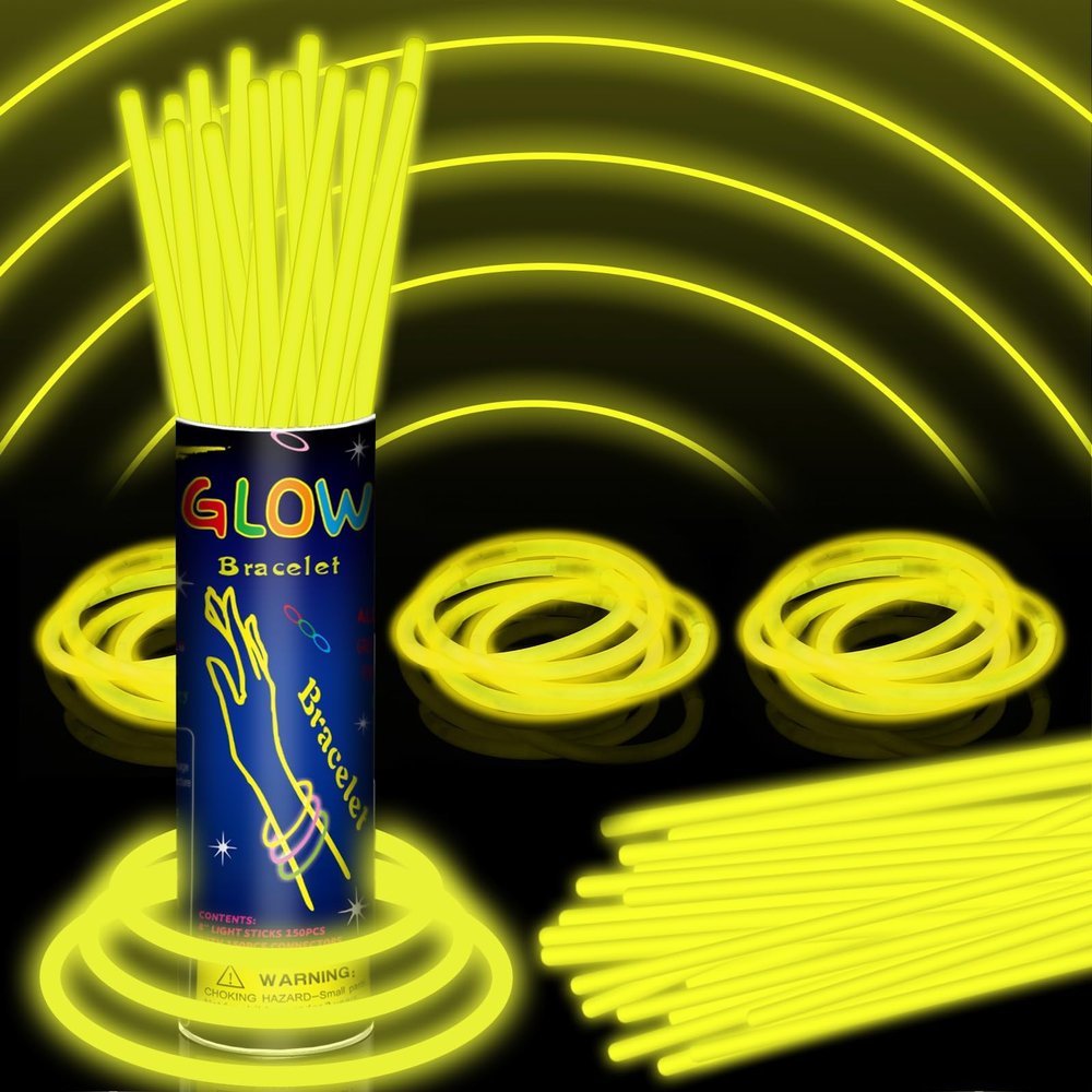 150 Pack 8 Yellow Glow Sticks Bulk with 150 Connectors Neon Glow In The Dark Party favors Supplies for Holiday Birthday Party Decoration (Yellow)