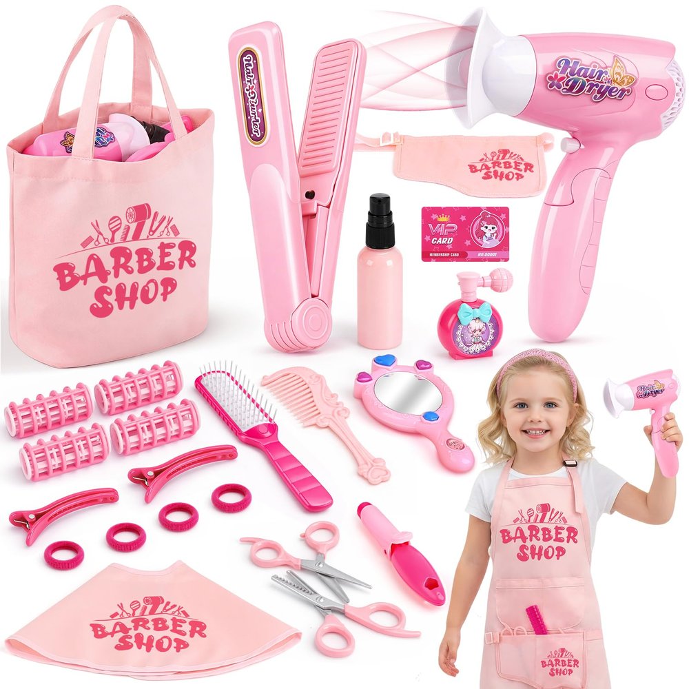 Sanlebi Hair Salon Toys for Girls, 25 Pc Pretend Play Styling Toy Set for Kids 3-6 with Hair Dryer, Barber Scissors and Stylist Accessories, Christmas & Birthday Gift for Girls