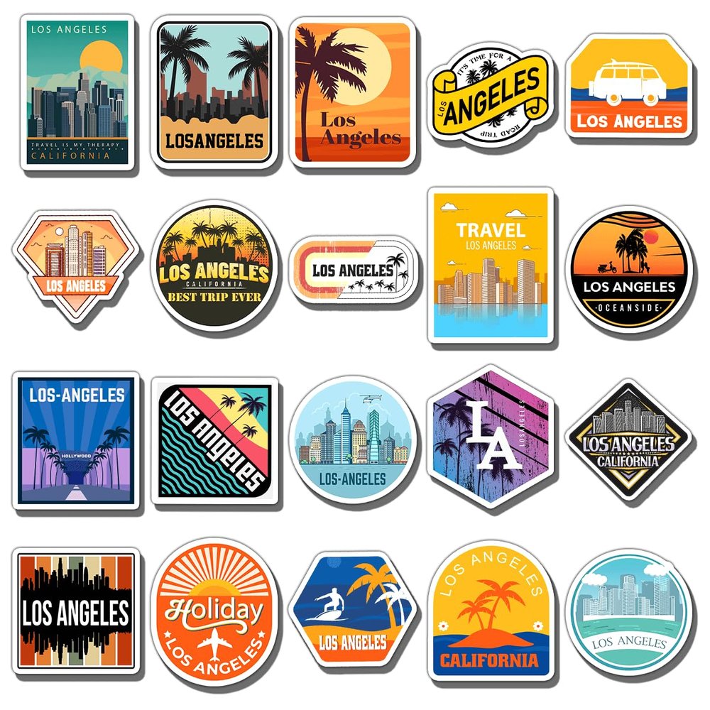 20 Pack Pcs Us State Los Angeles Stickers for Water Bottles Waterproof Scrapbooking Laptop Helmets Luggage Vinyl Sticker Packs Set Teens Girls Adults Women Small Aesthetic Decals