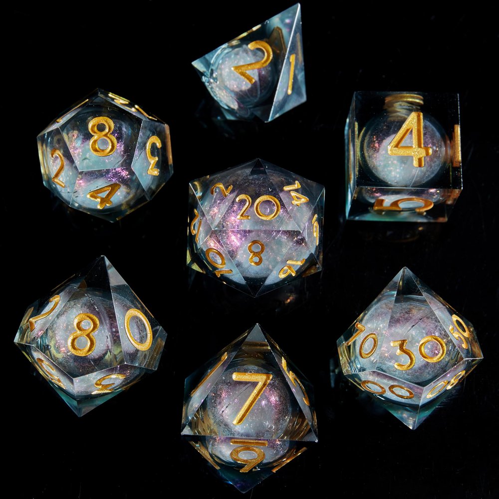 Fugacity DND Dice Set, Liquid Core Handmade Sharp Edge 7 Piece Resin Dice-Dungeons and Dragons Polyhedral Dice Set, D&D Dice Set with Gift Dice Case for RPG MTG Table Games(White Sand & Golden)