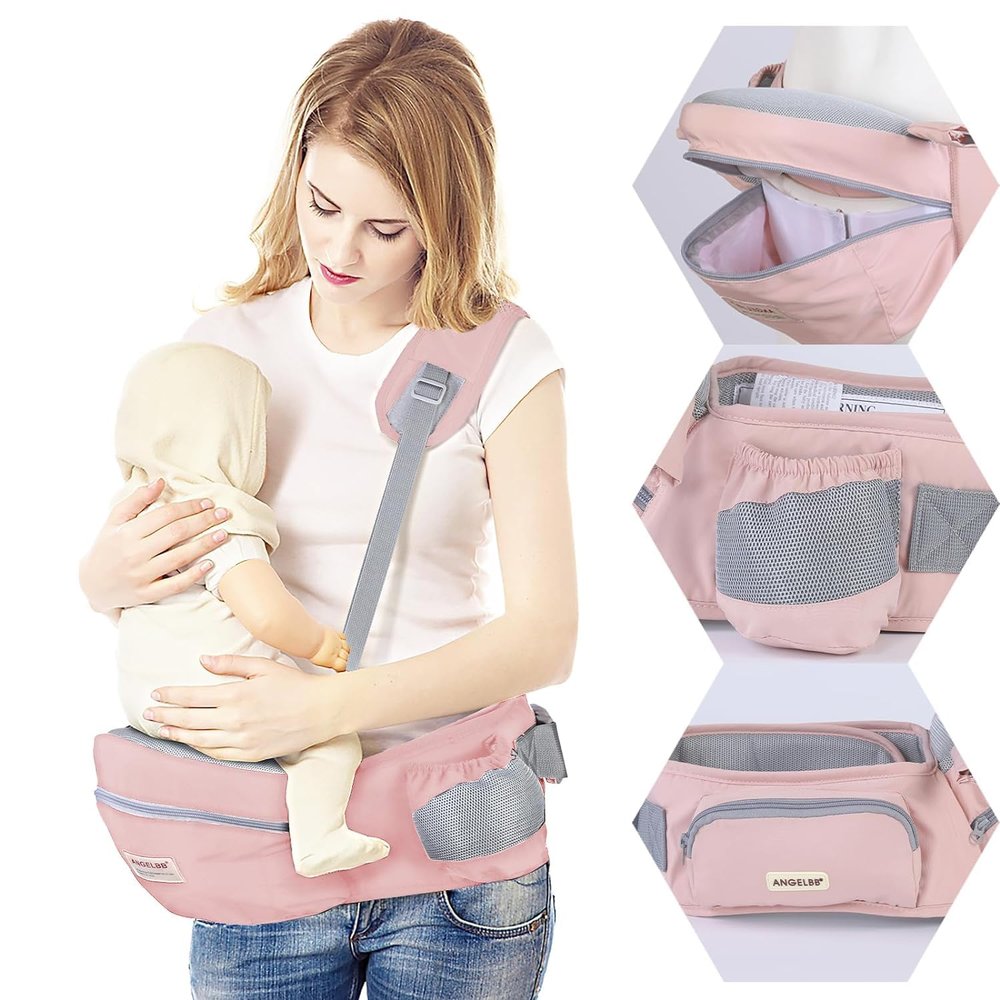 Baby Hip Carrier with Foldable Seat 180 Up-Down for Infant,Adjustable Straps Also as Waistband Extender,Huge Pockets,Ergonomic Waist Stool for Newborn to Toddlers Gift All-Seasons (Pink)