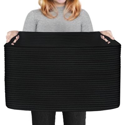 HONCESTA Extra Large Black Basket, 22" X 17" X 12" Rectangle Woven Bin for Storage, Soft Cotton Rope Kids Room Toy Box Bins, Big Wicker Basket Organizer for Blankets, Pillows, Laundry