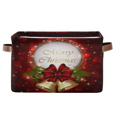 Red Bells Basket Decor Xmas Winter Holly Storage Bin Fabric Storage Box Cube with Handles Large Kids Toys Clothes Organizer for Nursery Bedroom