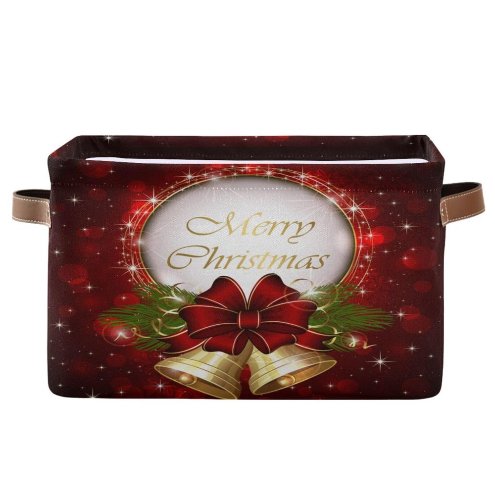 Red Bells Basket Decor Xmas Winter Holly Storage Bin Fabric Storage Box Cube with Handles Large Kids Toys Clothes Organizer for Nursery Bedroom