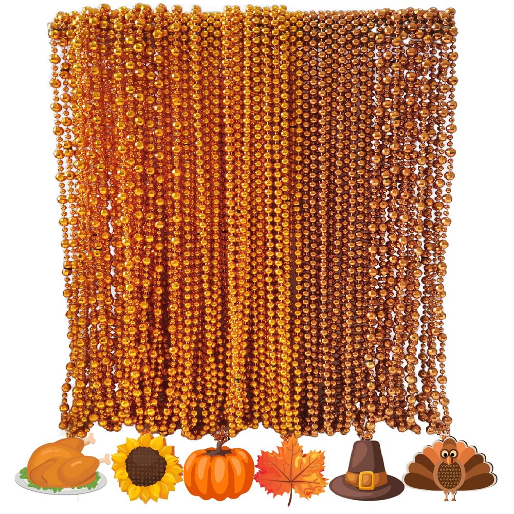 Becfupo 100 Pcs Thanksgiving Beads Necklaces, Orange Brown Bead Necklaces With Maple Leaf Pumpkin Turkey Pendants For Thanksgiving Patry Favors, Fall Decoration