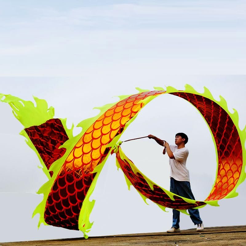 6 Meters (19.6 FT) Square Exercise Dragon Poi with 340g Weighted Ball and 1.2 Meters Swing Rope, Outdoor Flinging Fitness Dragon Dance Wu Long 3D Dragon Ribbon Streamer (Golden Dragon)